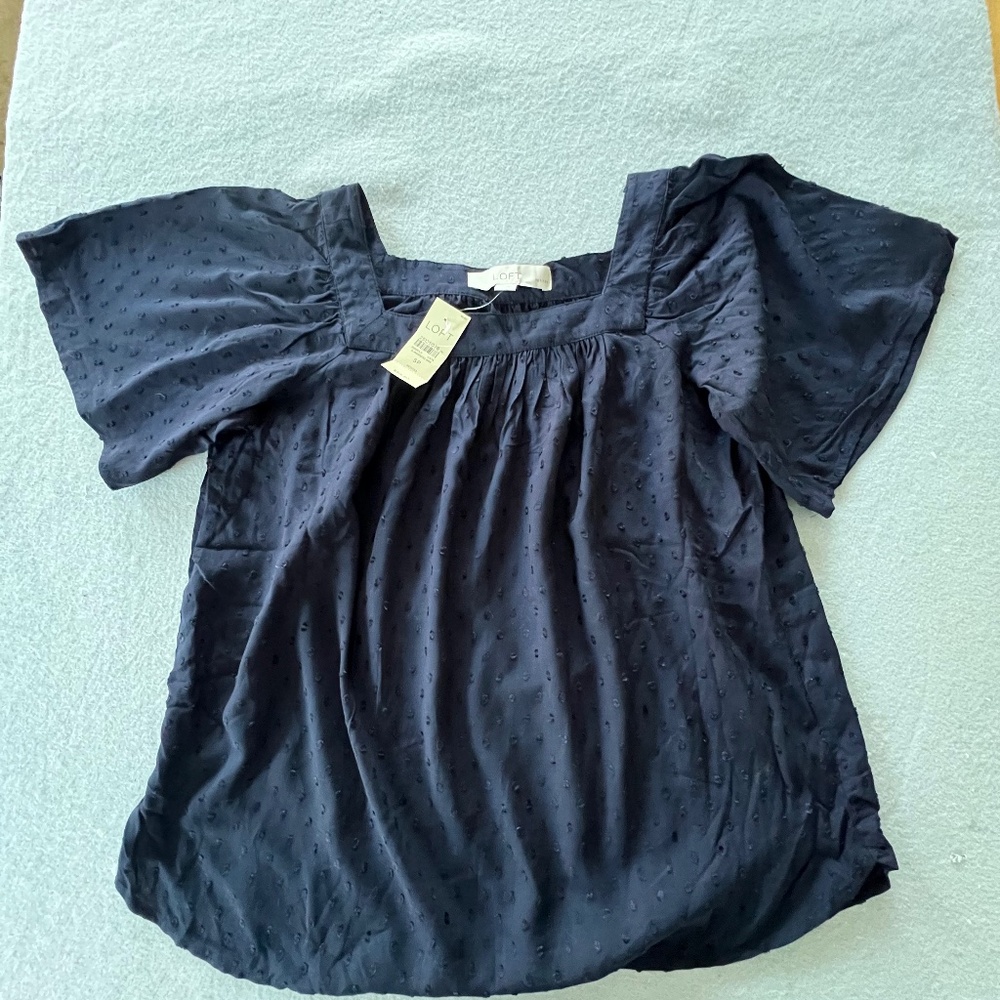 Loft Petite Navy Blouse with Polka Dots NWT